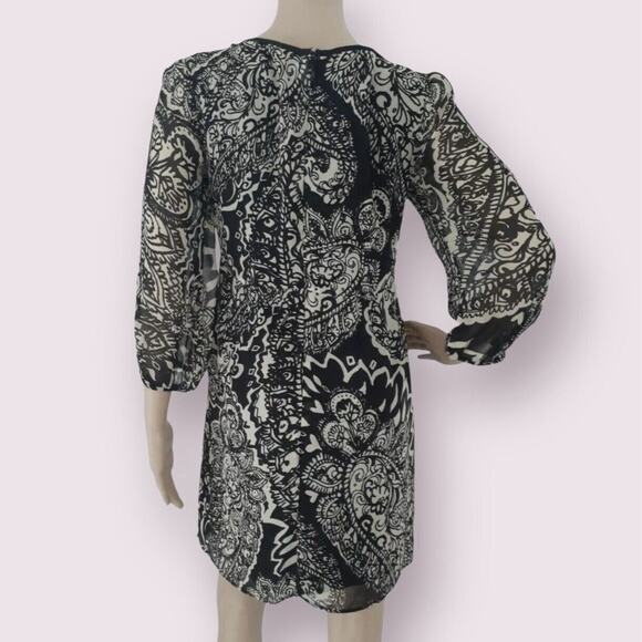 Nanette Lepore Silk Dress Shift 3/4 Sleeve Lace Black Ivory Floral Keyhole 12 L - Picture 8 of 11